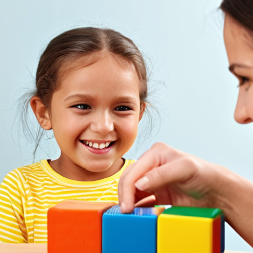 Home 4 A child happily playing with colorful toy blocks, a speech therapist guiding them with a smile. The scene is bright and encouraging, emphasizing playful learning and positive interaction. Focus on the child's engaged expression and the therapist's supportive gesture.