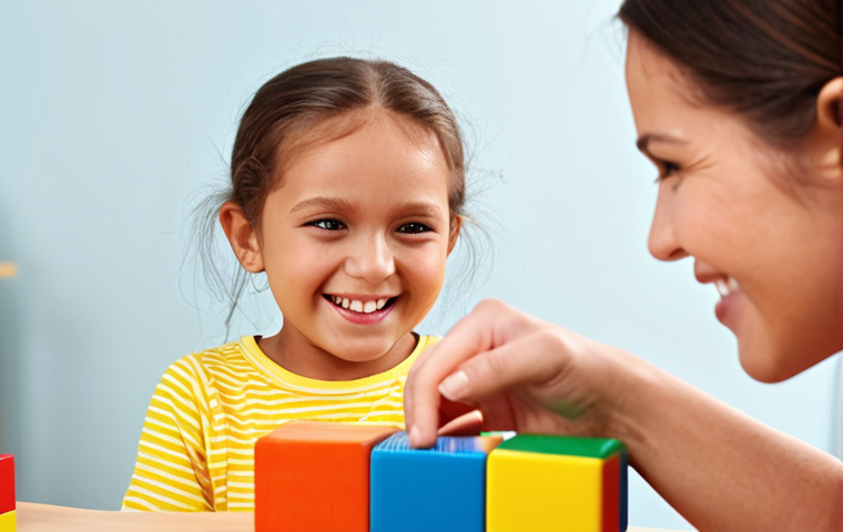 A child happily playing with colorful toy blocks, a speech therapist guiding them with a smile. The scene is bright and encouraging, emphasizing playful learning and positive interaction. Focus on the child's engaged expression and the therapist's supportive gesture.