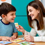 A speech therapist working with a young, fully clothed child with ASD in a bright, cheerful therapy room. The child is engaged in a language activity using picture cards. The therapist is encouraging and supportive. Safe for work, appropriate content, professional setting, perfect anatomy, natural pose, high quality.