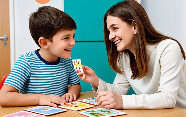 A speech therapist working with a young, fully clothed child with ASD in a bright, cheerful therapy room. The child is engaged in a language activity using picture cards. The therapist is encouraging and supportive. Safe for work, appropriate content, professional setting, perfect anatomy, natural pose, high quality.