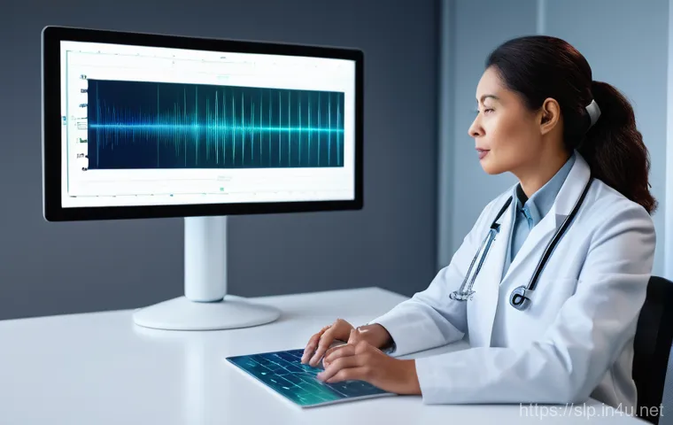 음성 치료 기술의 발전 - **Prompt 1: AI-powered Voice Diagnostic Session**
    A futuristic, brightly lit medical consultatio...
