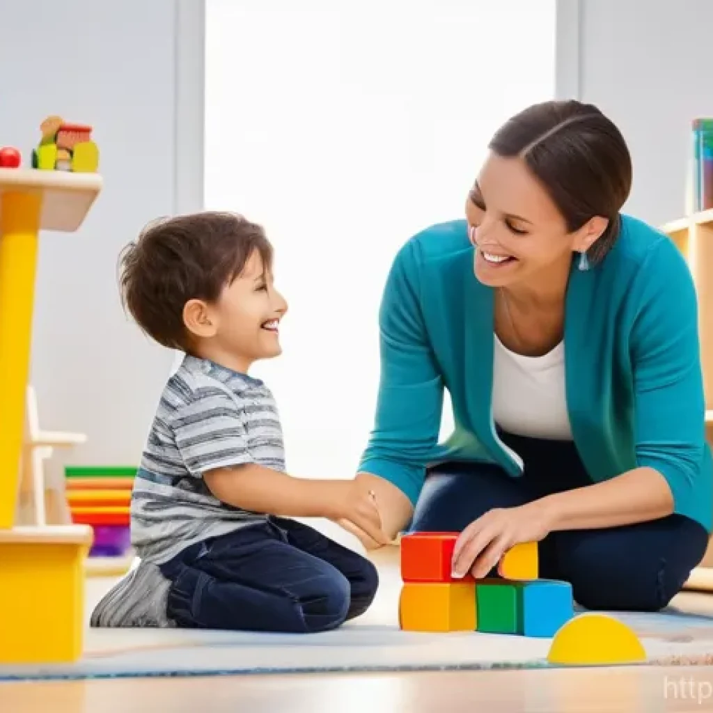 언어치료의 임상 적용 - A heartwarming and bright scene inside a modern speech therapy room. A kind, female speech therapist...