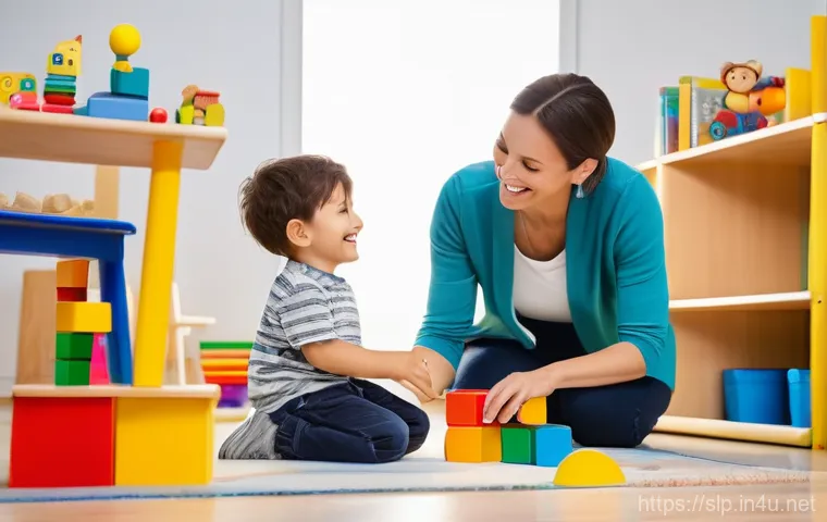 언어치료의 임상 적용 - A heartwarming and bright scene inside a modern speech therapy room. A kind, female speech therapist...
