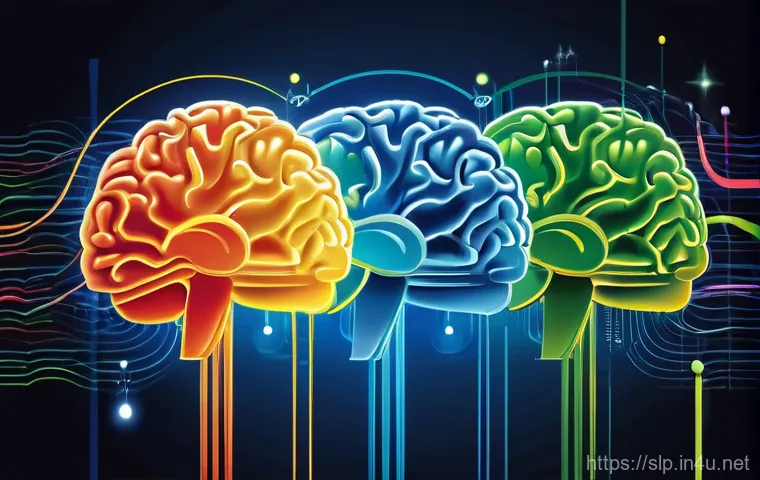 언어 인지 심리학 - ** A vibrant, conceptual illustration depicting the human brain actively processing language and emo...