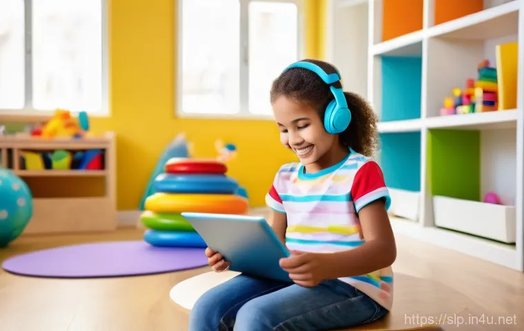 언어 치료 기술의 변화 - **Prompt:** A heartwarming scene in a modern, brightly lit language therapy room. A smiling, diverse...