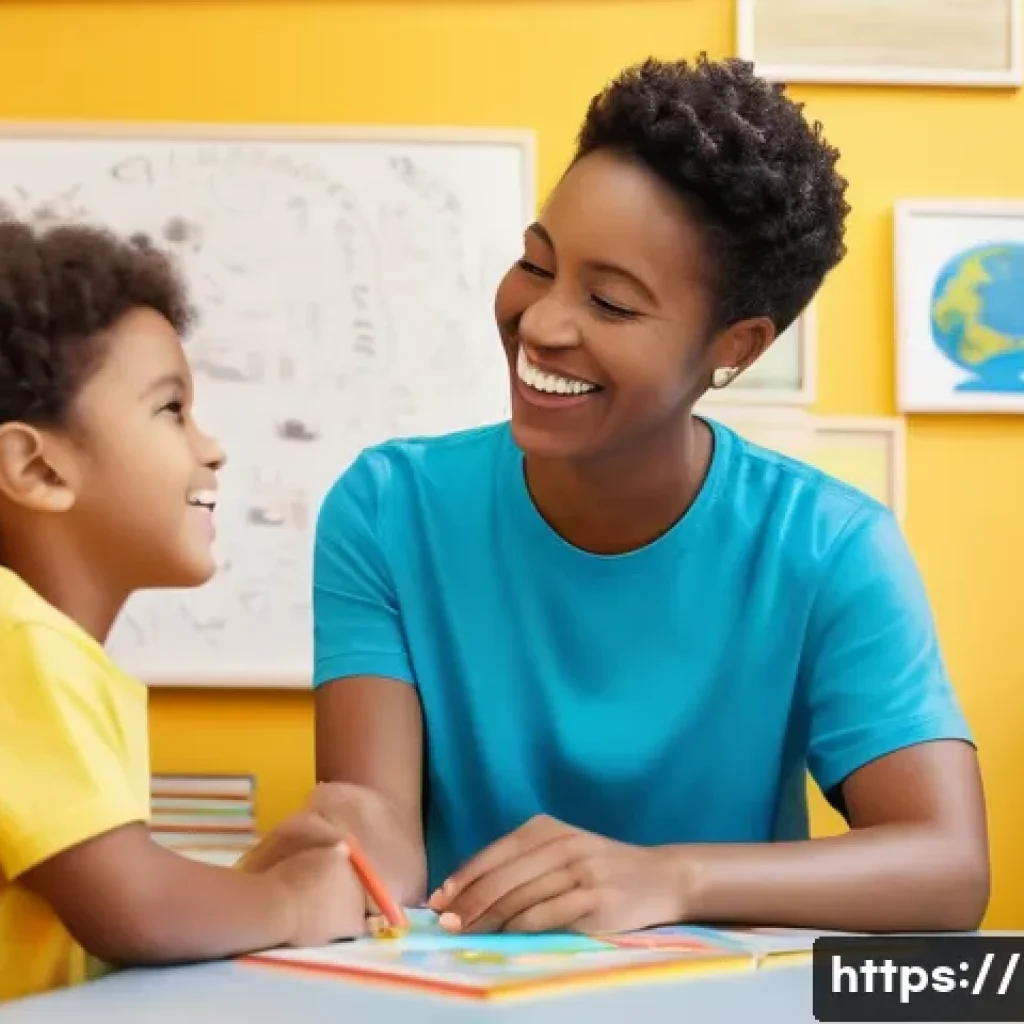 언어치료사의 역할 - A heartwarming scene of a female speech therapist, late 20s to early 30s, with a smiling, kind expre...