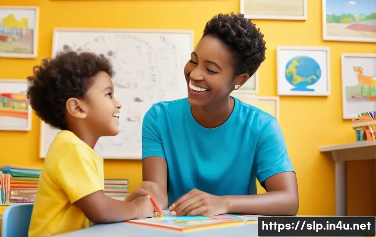 언어치료사의 역할 - A heartwarming scene of a female speech therapist, late 20s to early 30s, with a smiling, kind expre...